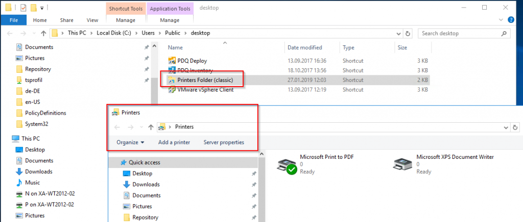 Printer folder shortcut