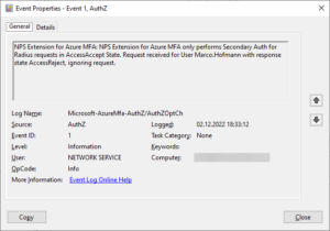 NPS Extension for Azure MFA only performs Secondary Auth for Radius requests in AccessAccept State. Request received for User Marco.Hofmann with response state AccessReject, ignoring request.